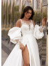 Beaded Ivory Lace Satin Wedding Dress With Detachable Puff Sleeves